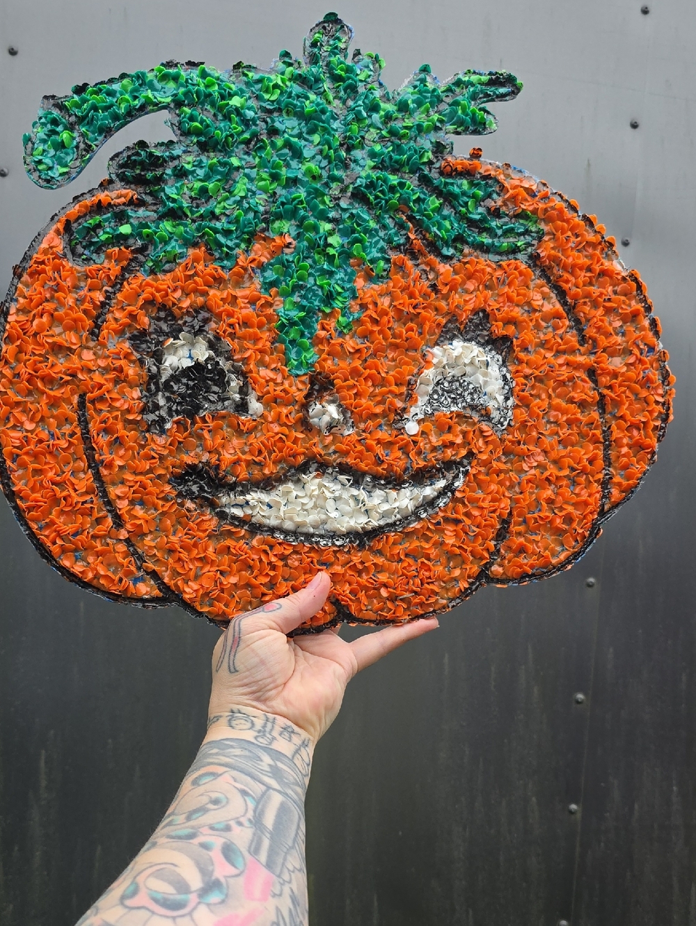 Vintage 70s Popcorn Halloween Orange Pumpkin Wall Art with Green Stem